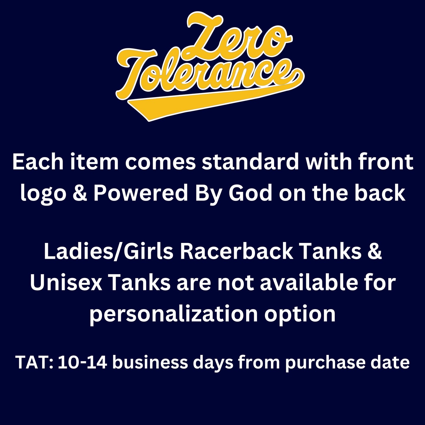 Zero Tolerance Navy Unisex Tank Adult & Youth : TAT 10-14 business days from purchase date