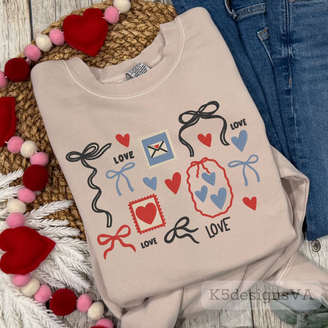 Valentine’s Love Collage Crewneck Sweatshirt | Hearts & Bows Design