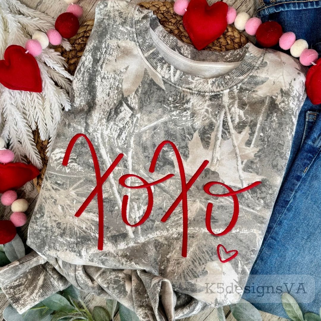 XOXO Valentine’s Camo Embroidered Crewneck Sweatshirt