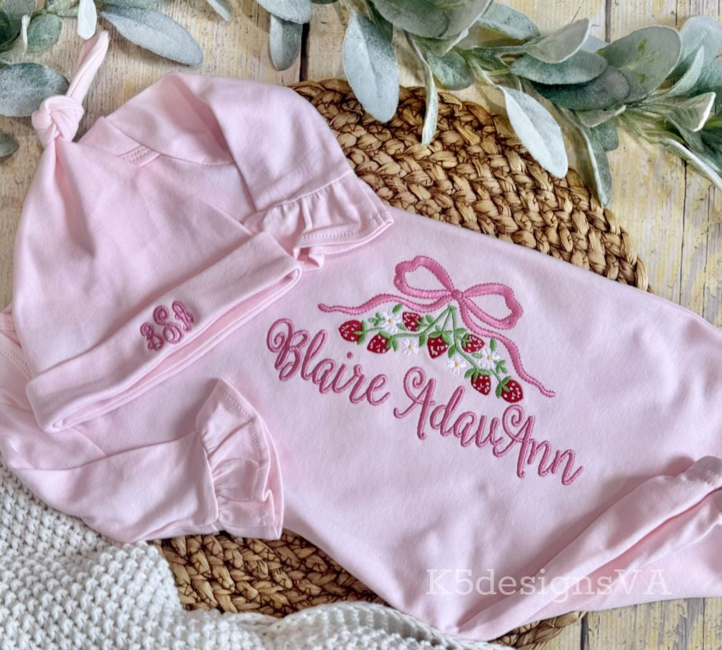 Personalized Baby Gown & Hat Set | Strawberry Embroidered Newborn Outfit | Custom Baby Girl Coming Home Outfit | Hospital Outfit Girl