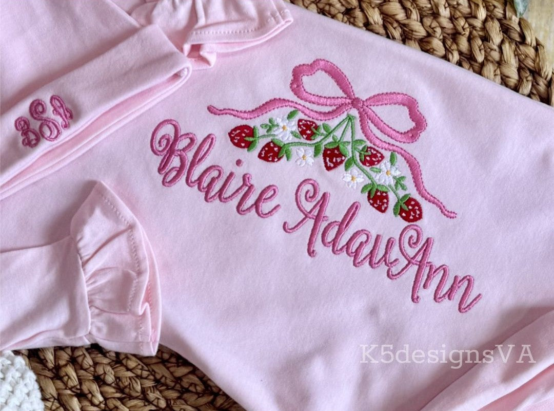 Personalized Baby Gown & Hat Set | Strawberry Embroidered Newborn Outfit | Custom Baby Girl Coming Home Outfit | Hospital Outfit Girl