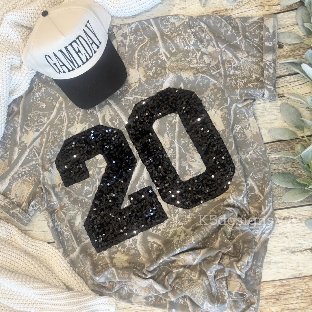 Sequin Game Day T Shirt | Custom Number Sports Tee | Camo Sequin Applique Shirt | Football Baseball Basketball