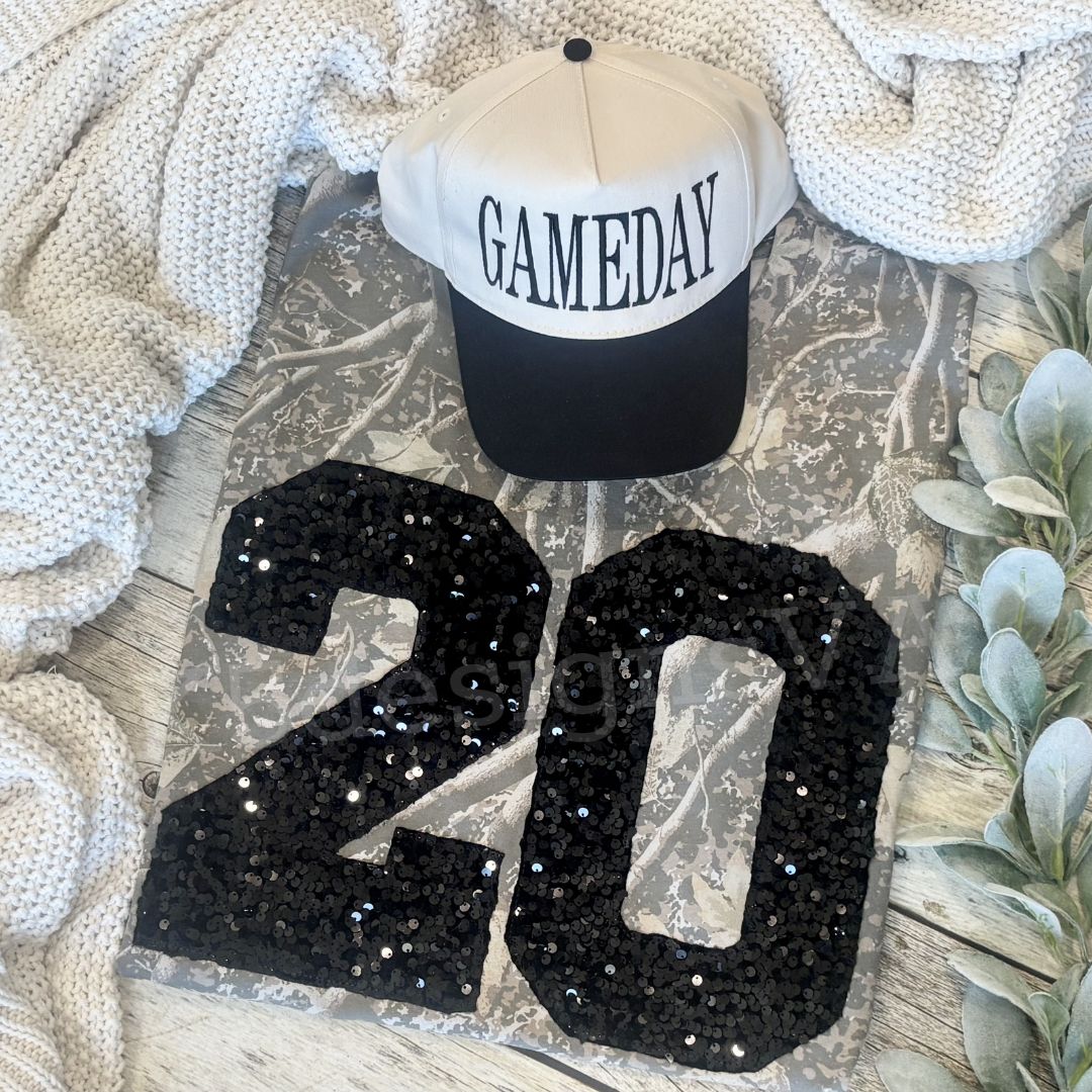 Sequin Game Day T Shirt | Custom Number Sports Tee | Camo Sequin Applique Shirt | Football Baseball Basketball