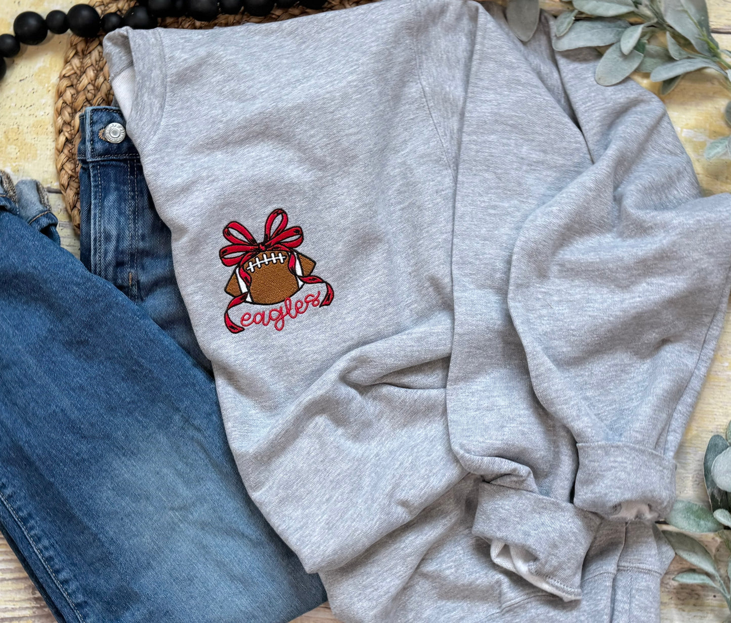 Embroidered Football Bow Crewneck Sweatshirt
