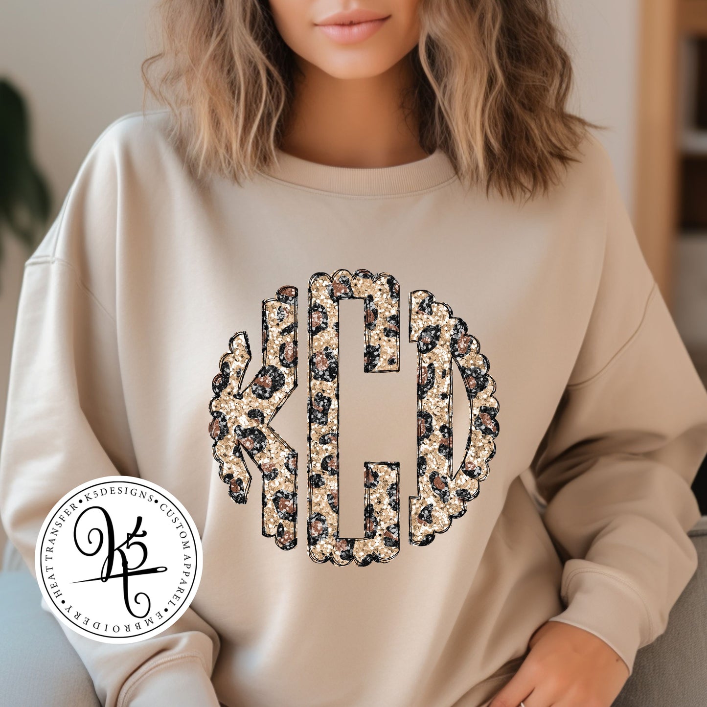 Leopard Faux Glitter Monogram / Adult / Youth / Short Sleeve / Long Sleeve / Crewneck Sweatshirt