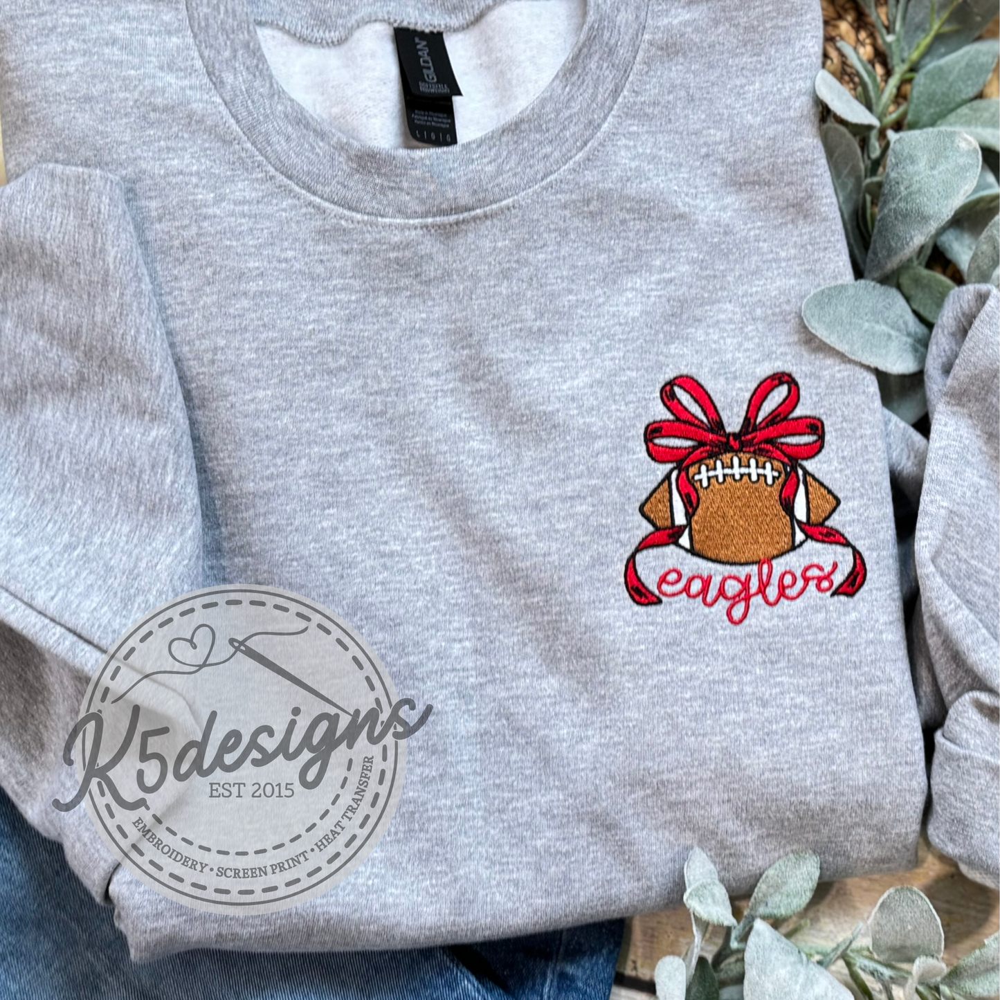 Embroidered Football Bow Crewneck Sweatshirt