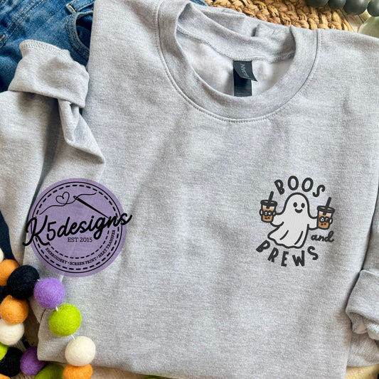 Embroidered Boos and Brews Sweatshirt | Ghost Coffee Halloween Crewneck | Fall Embroidered Pullover | Cozy Spooky Shirt