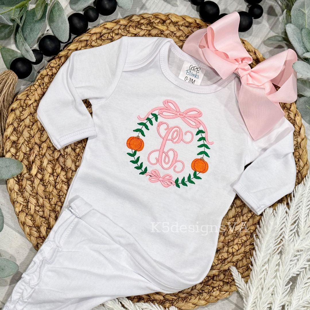 Pumpkin Monogram Baby Outfit | Personalized Fall Baby Girl Bodysuit | Embroidered Pumpkin Initial Outfit | Newborn Take Home Outfit